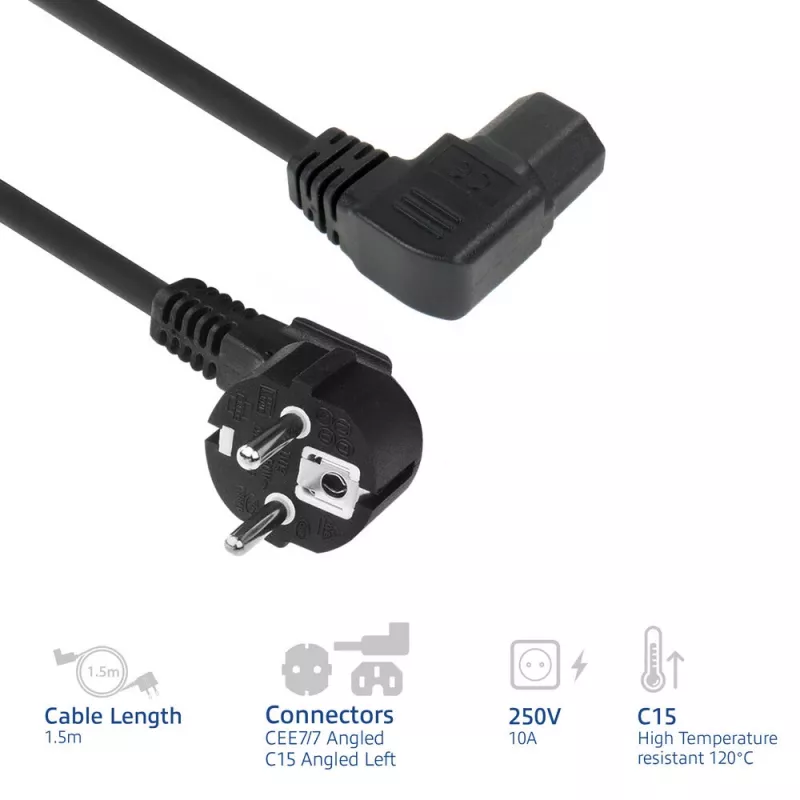 ACT Cable de alimentación conector de red CEE7/7 macho (acodado) - C15 (acodado a la izquierda) IEC60320 negro 1,5 m