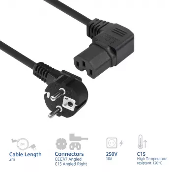 ACT Cable de alimentación conector de red CEE 7/7 macho (acodado) - C15 (acodado) IEC60320 negro 2 m