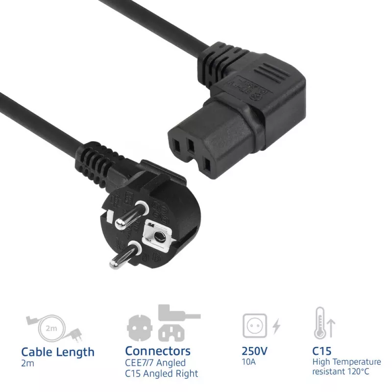 ACT Cable de alimentación conector de red CEE 7/7 macho (acodado) - C15 (acodado) IEC60320 negro 2 m