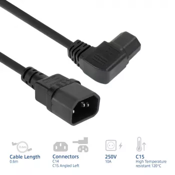 ACT Cable de alimentación C14 - C15 (acodado a la izquierda) IEC60320 negro 0,6 m