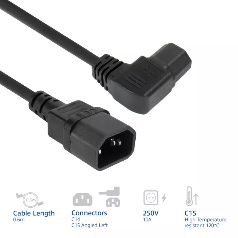 ACT Cable de alimentación C14 - C15 (acodado a la izquierda) IEC60320 negro 0,6 m