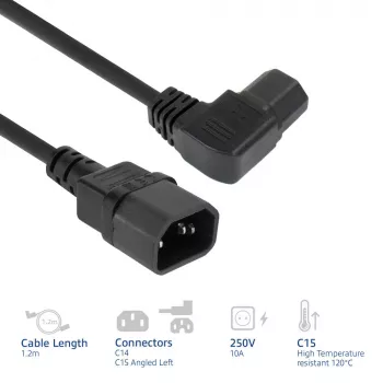 ACT Cable de alimentación C14 - C15 (acodado a la izquierda) IEC60320 negro 1,2 m
