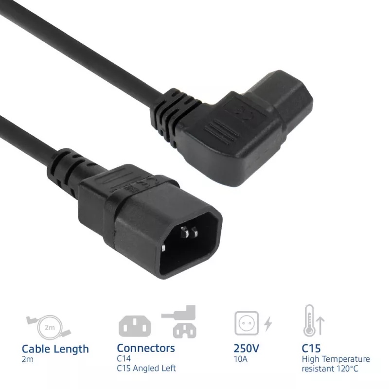 ACT Cable de alimentación C14 - C15 (acodado a la izquierda) IEC60320 negro 2 m