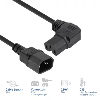 ACT Cable de alimentación C14 - C15 (acodado a la derecha) IEC60320 negro 0,6 m