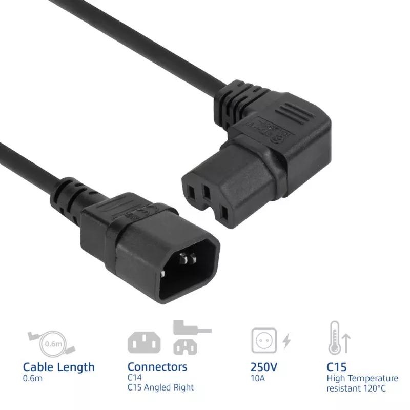 ACT Cable de alimentación C14 - C15 (acodado a la derecha) IEC60320 negro 0,6 m
