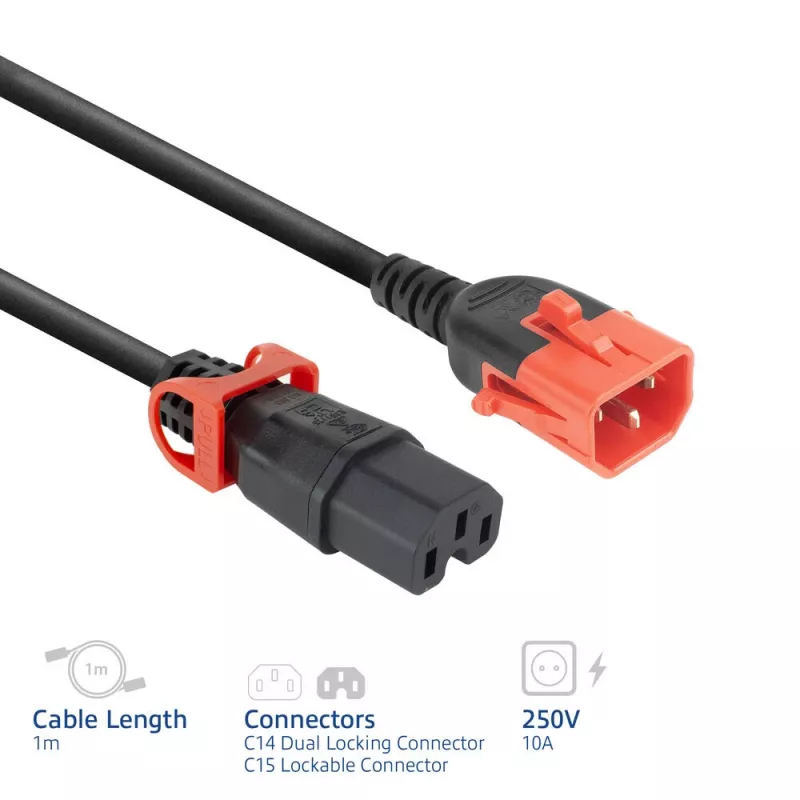 ACT Cable de alimentación C14 IEC Lock+ Dual Locking - C15 IEC Lock+ negro 1 m, PC3868
