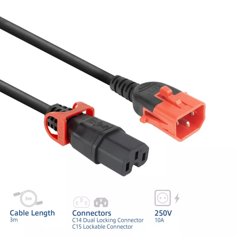 ACT Cable de alimentación C14 IEC Lock+ Dual Locking - C15 IEC Lock+ negro 3 m, PC3876