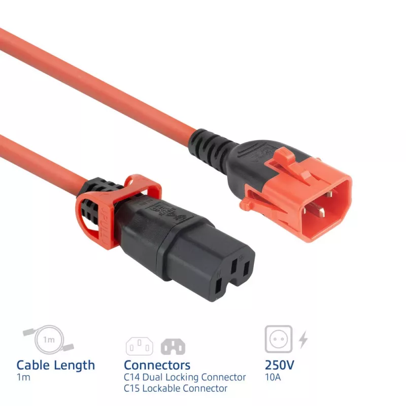 ACT Cable de alimentación C14 IEC Lock+ Dual Locking - C15 IEC Lock+ rojo 1 m, PC3869