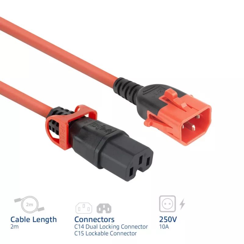 ACT Cable de alimentación C14 IEC Lock+ Dual Locking - C15 IEC Lock+ rojo 2 m, PC3873