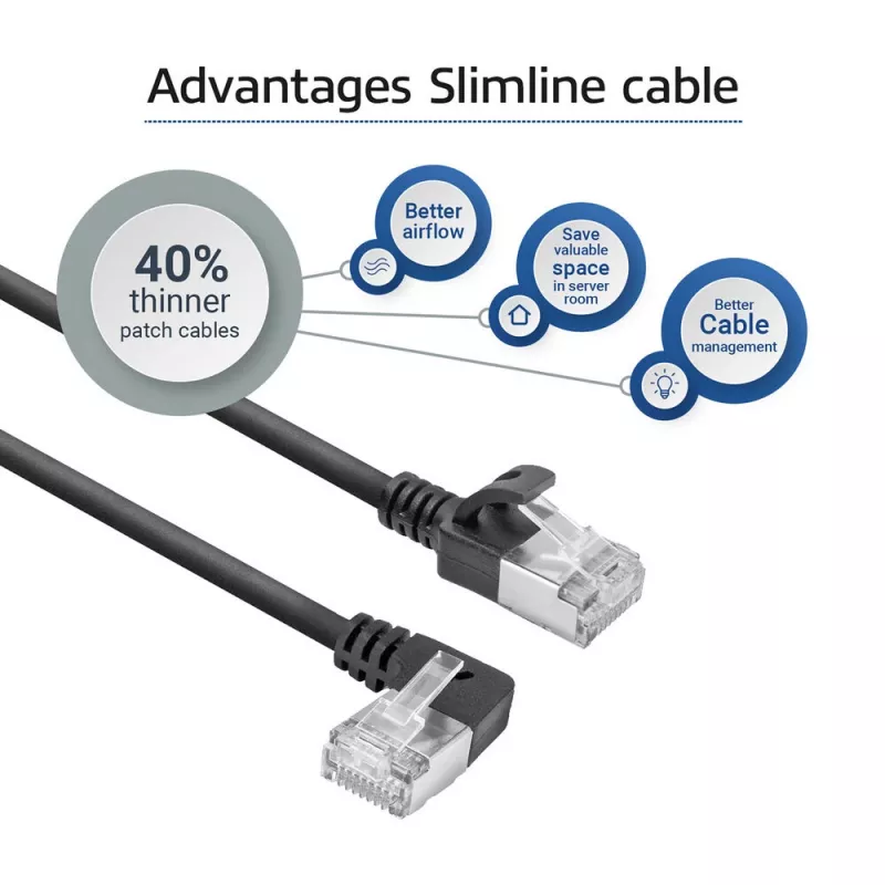 ACT Cable de red U/FTP CAT6A LSZH Slimline negro de 1 m con conectores macho RJ45, 90° acodado a la izquierda a recto