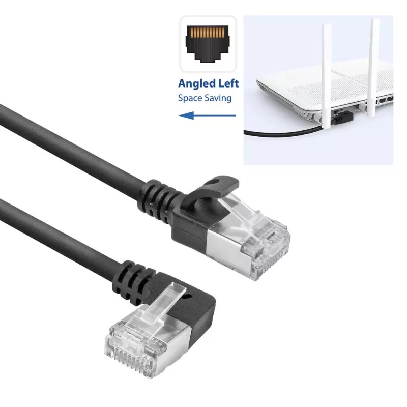 ACT Cable de red U/FTP CAT6A LSZH Slimline negro de 2 m con conectores macho RJ45, 90° acodado a la izquierda a recto