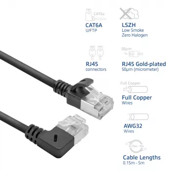 ACT Cable de red U/FTP CAT6A LSZH Slimline negro de 2 m con conectores macho RJ45, 90° acodado a la derecha a recto