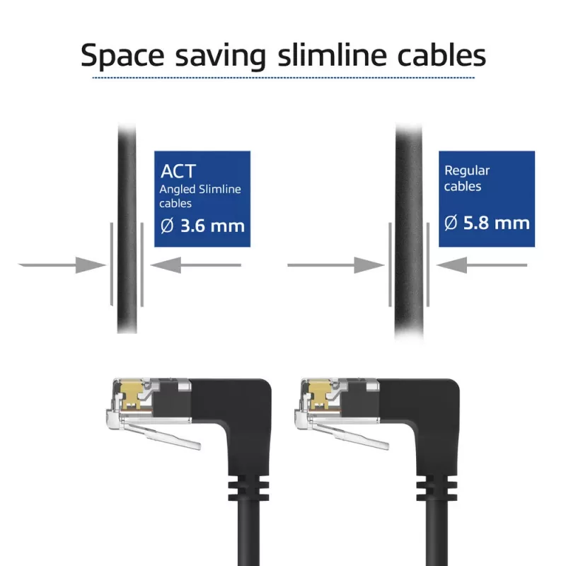 ACT Cable de red U/UTP CAT6A LSZH Slimline negro de 2 m con conectores macho RJ45, 90° acodado hacia abajo a 90° acodado hacia abajo