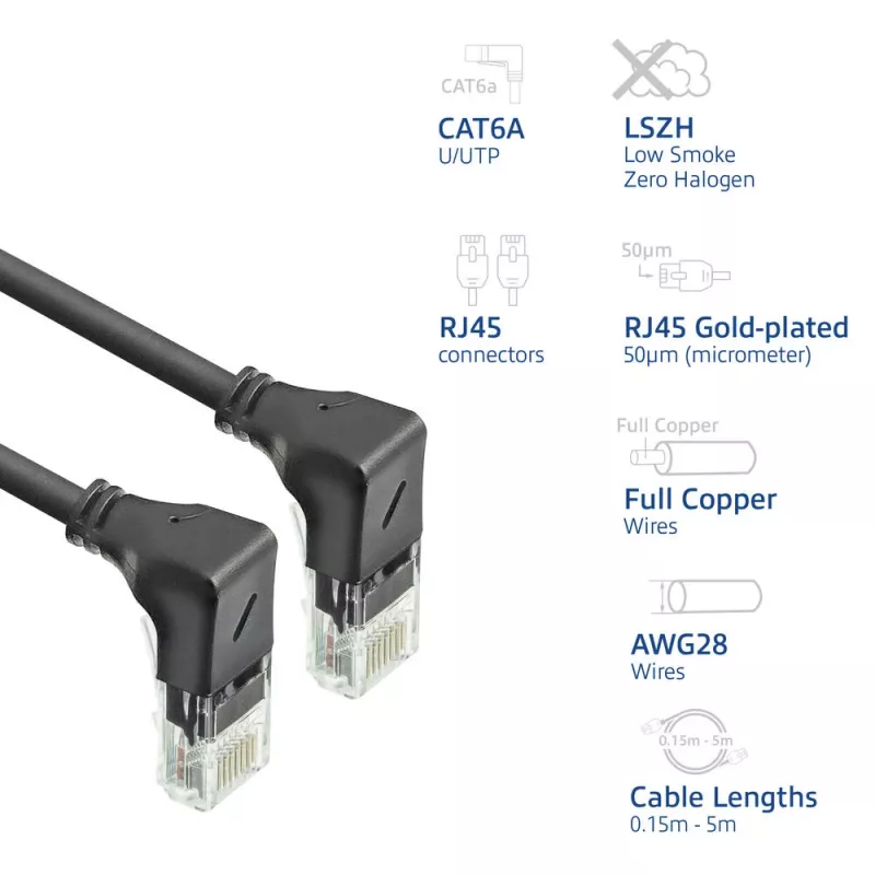 ACT Cable de red U/UTP CAT6A LSZH Slimline negro de 3 m con conectores macho RJ45, 90° acodado hacia abajo a 90° acodado hacia abajo