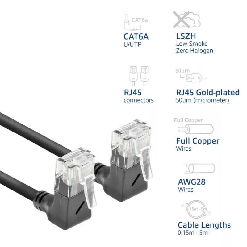 ACT Cable de red U/UTP CAT6A LSZH Slimline negro de 1 m con conectores macho RJ45, 90° acodado hacia arriba a 90° acodado hacia arriba