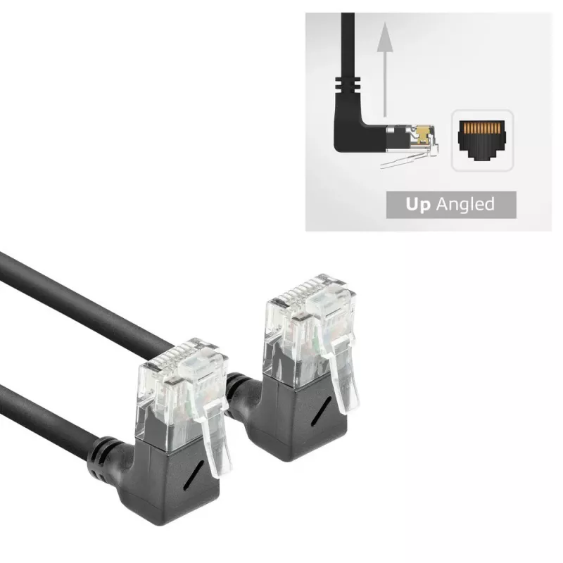 ACT Cable de red U/UTP CAT6A LSZH Slimline negro de 0,25 m con conectores macho RJ45, 90° acodado hacia arriba a 90° acodado hacia arriba