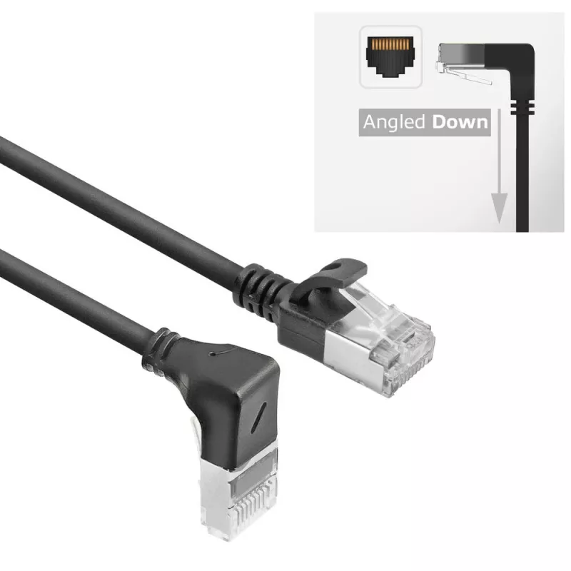 ACT Cable de red U/FTP CAT6A LSZH Slimline negro de 2 m con conectores macho RJ45, 90° acodado hacia abajo a recto