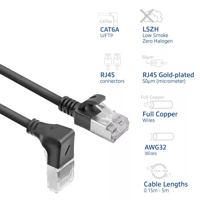 ACT Cable de red U/FTP CAT6A LSZH Slimline negro de 2 m con conectores macho RJ45, 90° acodado hacia abajo a recto