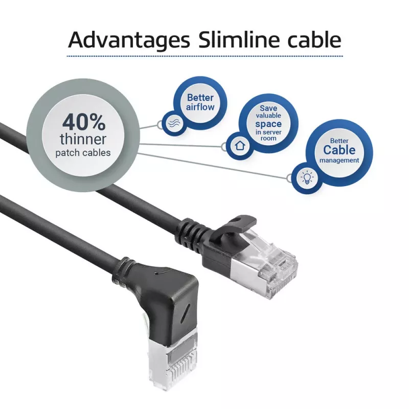 ACT Cable de red U/FTP CAT6A LSZH Slimline negro de 2 m con conectores macho RJ45, 90° acodado hacia abajo a recto