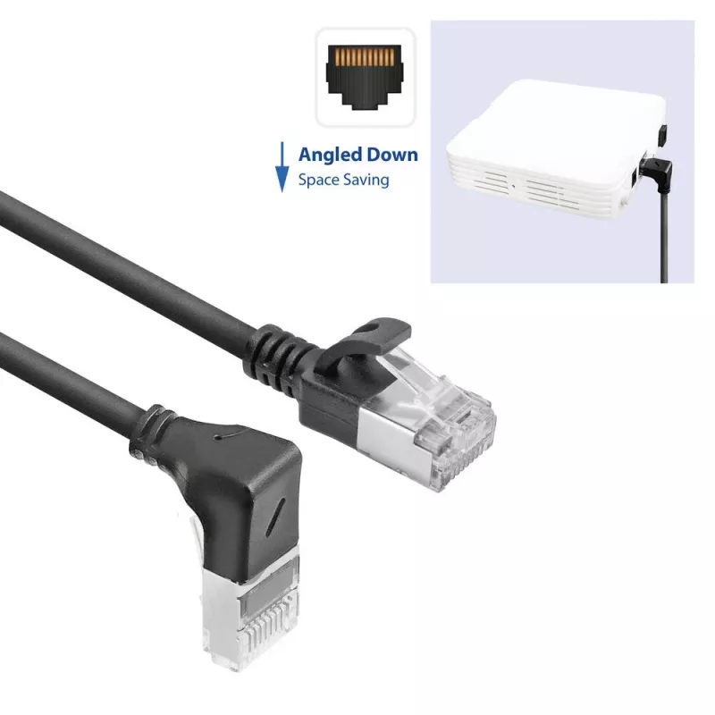 ACT Cable de red U/FTP CAT6A LSZH Slimline negro de 0,15 m con conectores macho RJ45, 90° acodado hacia abajo a recto