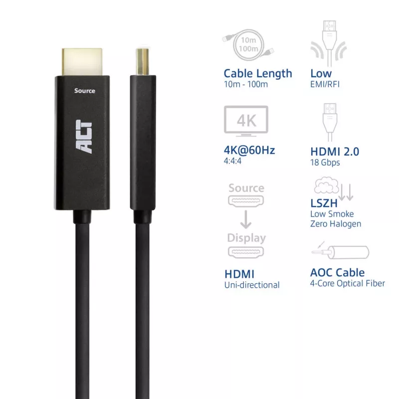 ACT Cable óptico activo HDMI Premium High Speed 4K v2.0 LSZH de 80 metros conector HDMI-A macho – conector HDMI-A macho