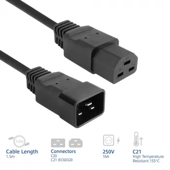 ACT Cable de alimentación C20–C21 IEC60320 negro 1,5 m, 16 A, 250 V
