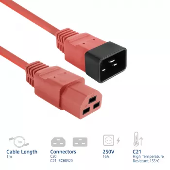 Cable de alimentación ACT C20–C21 IEC60320 rojo 1 m, 250 V 16 A