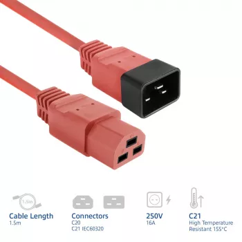 Cable de alimentación ACT C20–C21 IEC60320 rojo 1,5 m, 250 V 16 A