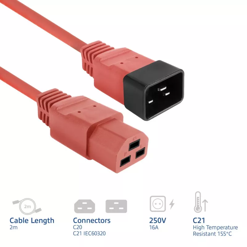 ACT Cable de alimentación C20–C21 IEC60320 rojo 2 m, 16 A 250 V