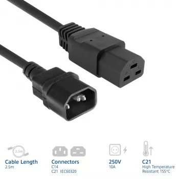 Cable de alimentación ACT C14 a C21 IEC60320 negro 2,5 m, 250 V, 10 A