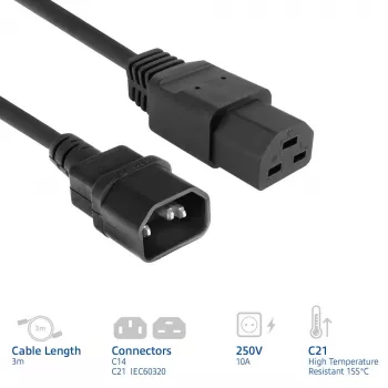 Cable de alimentación ACT C14 a C21 IEC60320 negro 3 m, 250 V 10 A