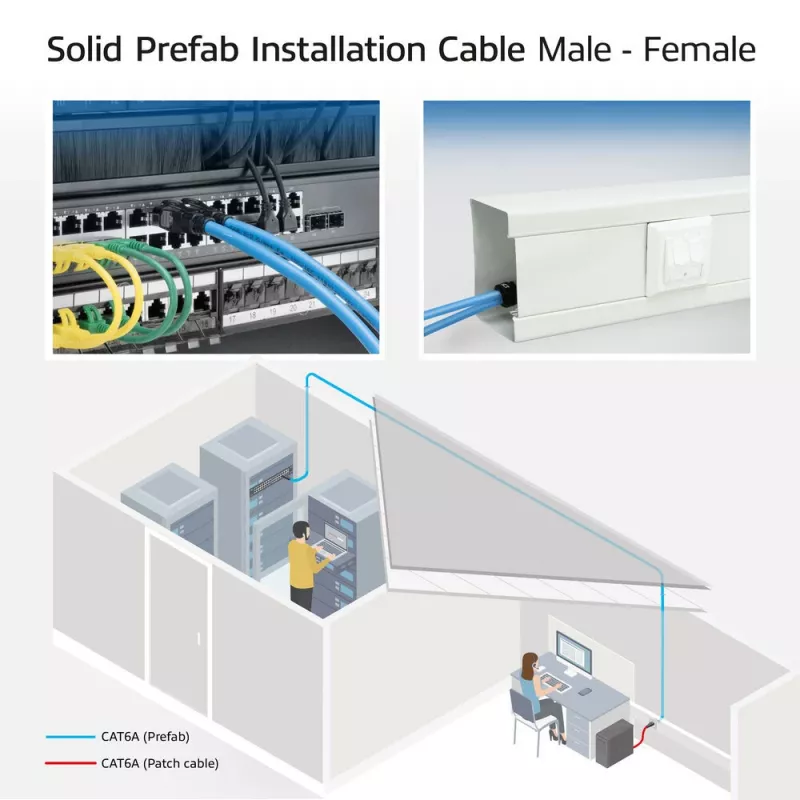 ACT Cable de instalación premontado macizo S/FTP CAT6A B2ca PoE++ 100W azul de 85 metros, conector RJ45 macho – hembra