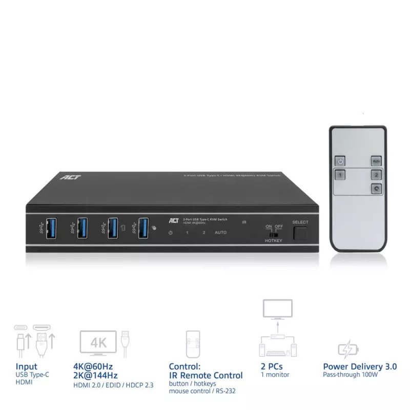 Switch KVM ACT 2 puertos USB-C/HDMI 4K@60Hz AC7922 con teclado/ratón USB, vídeo HDMI, 100W PD