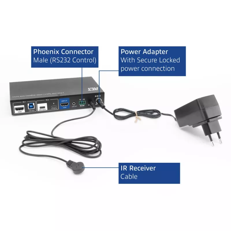 Switch KVM ACT 2 puertos USB-C/HDMI 4K@60Hz AC7922 con teclado/ratón USB, vídeo HDMI, 100W PD