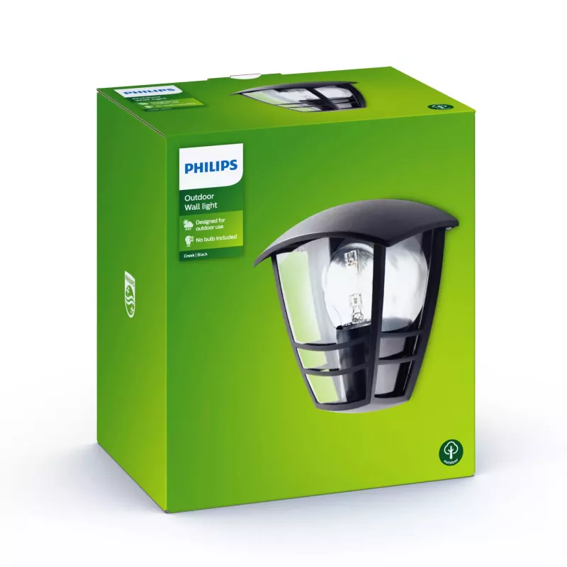 Lámpara de pared Philips myGarden Creek 60W E27 sin bombilla, aplique de exterior, negro, metal, IP44, jardín, terraza, II