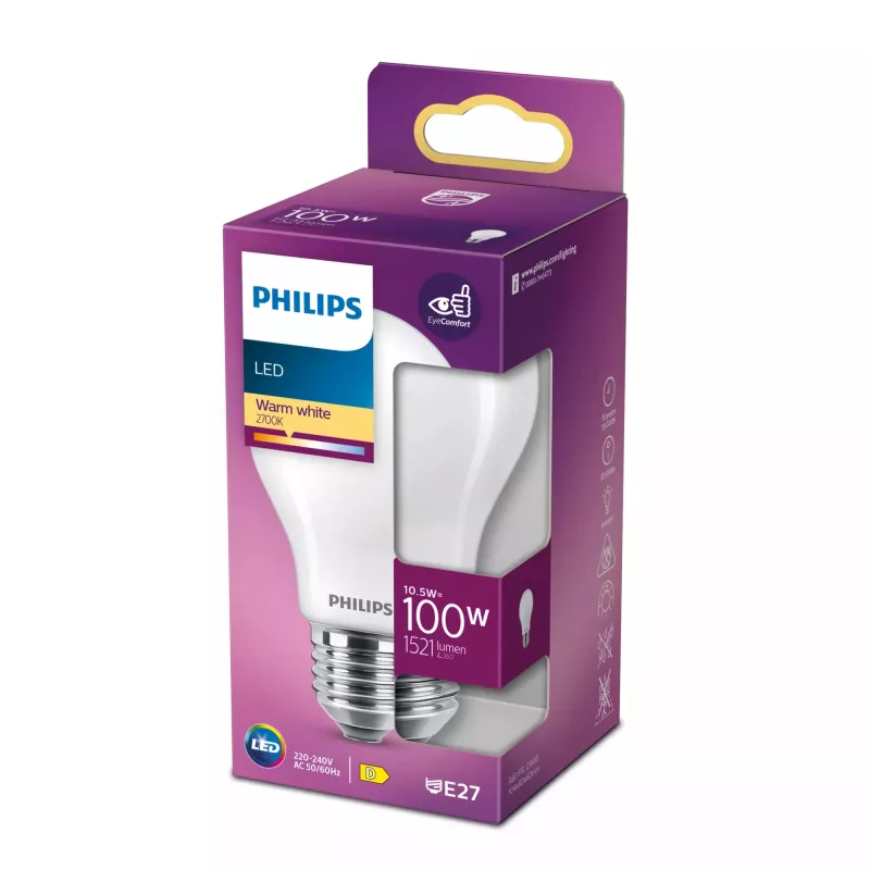 Bombilla LED filamento Philips A60 E27 10,5W (equivale a 100W), 1521 lm, 2700K, mate, 15.000 h