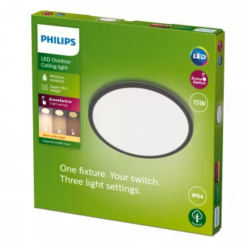 Lámpara de techo Philips Superslim 15W, negra, metal, plástico, IP54, terraza, jardín, II, moderna