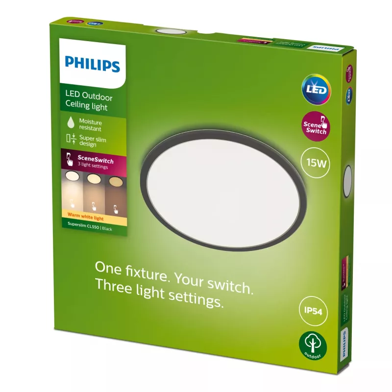 Lámpara de techo Philips Superslim 15W, negra, metal, plástico, IP54, terraza, jardín, II, moderna