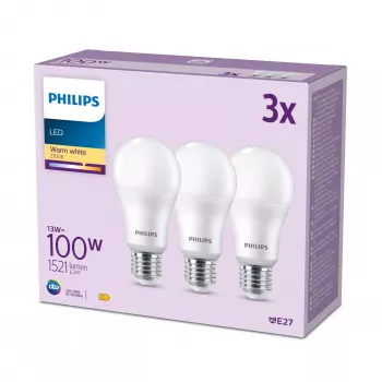 Bombilla Philips 100W A65 E27 x3, 13 W, 100 W, E27, 1521 lm, 15000 h, blanco cálido