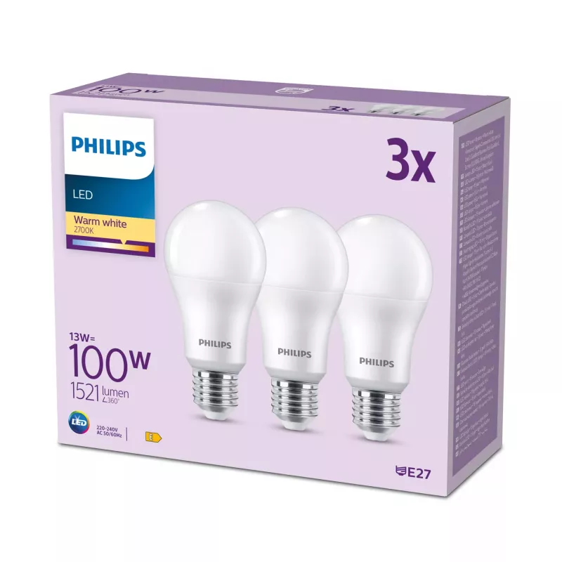 Bombilla Philips 100W A65 E27 x3, 13 W, 100 W, E27, 1521 lm, 15000 h, blanco cálido