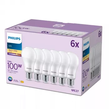 Bombilla Philips 100W A65 E27 x6, 13 W, 100 W, E27, 1521 lm, 15000 h, blanco cálido