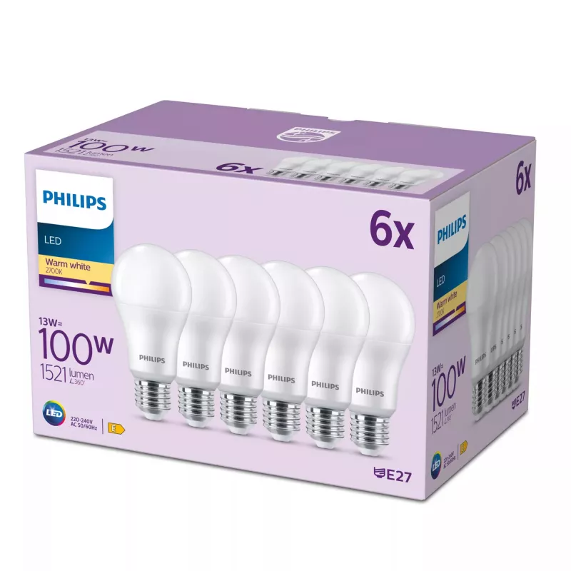 Bombilla Philips 100W A65 E27 x6, 13 W, 100 W, E27, 1521 lm, 15000 h, blanco cálido