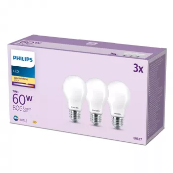 Bombilla filamento Philips mate 60W A60 E27 pack de 3, 7 W, 60 W, E27, 806 lm, 15000 h, blanco cálido