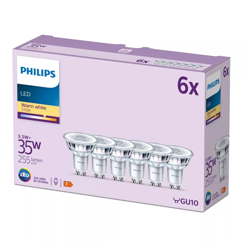 Foco Philips 35W PAR16 GU10 x6, 3,5 W, 35 W, GU10, 255 lm, 15000 h, blanco cálido