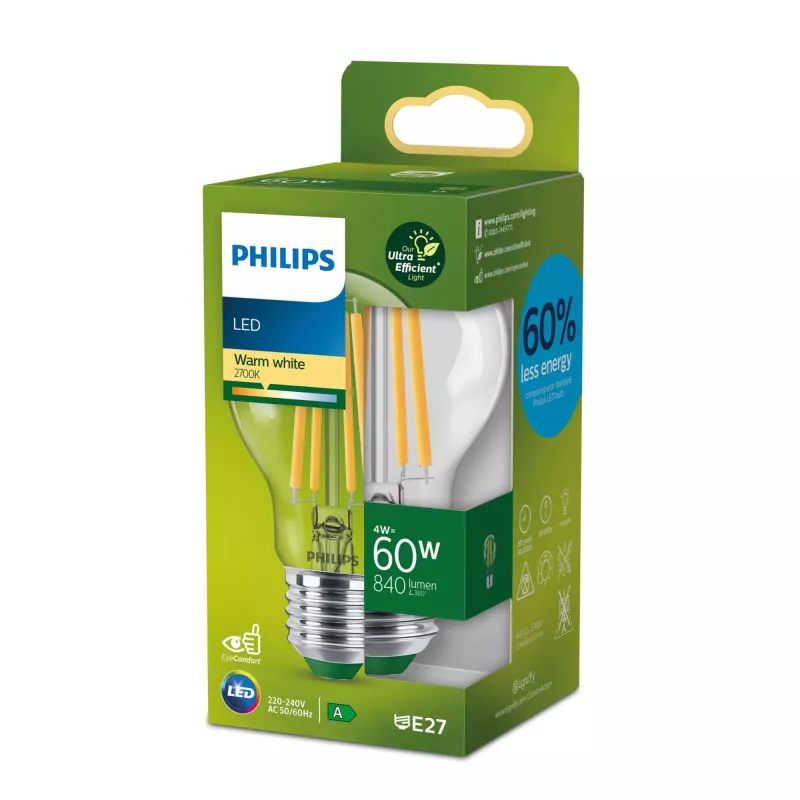Bombilla filamento Philips clara 60W A60 E27, 4 W, 60 W, E27, 840 lm, 50000 h, blanco cálido