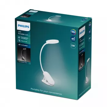 Lámpara de escritorio con pinza Philips Functional Forys, blanca, plástico, dormitorio, salón, oficina, contemporánea, IP20, III