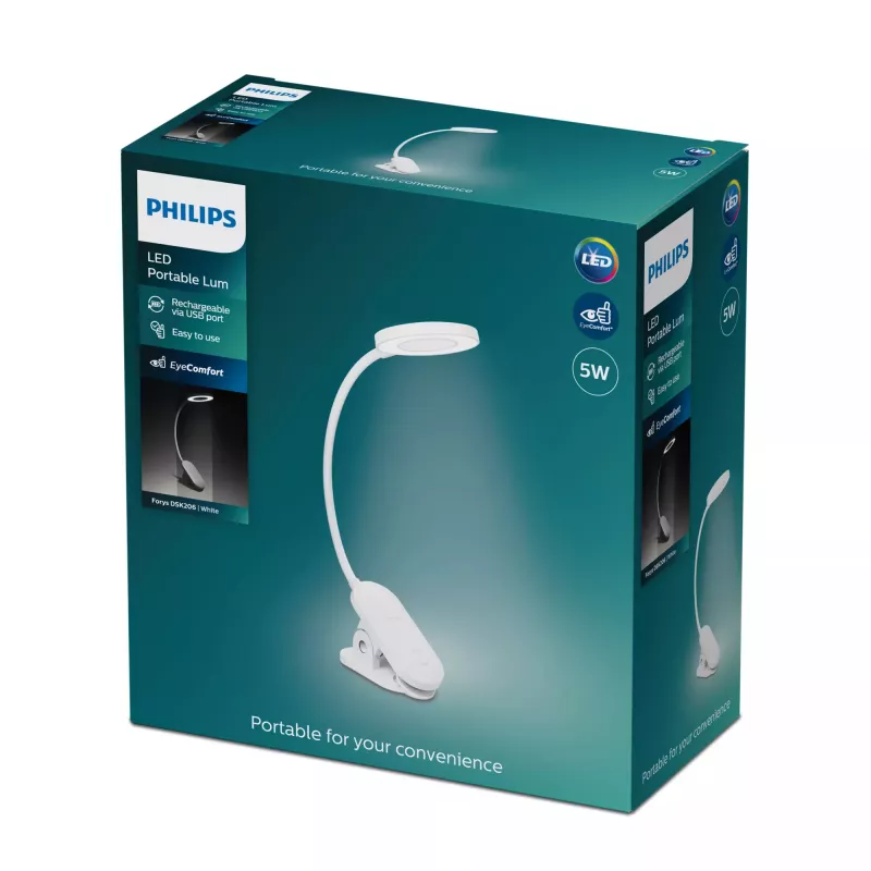 Lámpara de escritorio con pinza Philips Functional Forys, blanca, plástico, dormitorio, salón, oficina, contemporánea, IP20, III