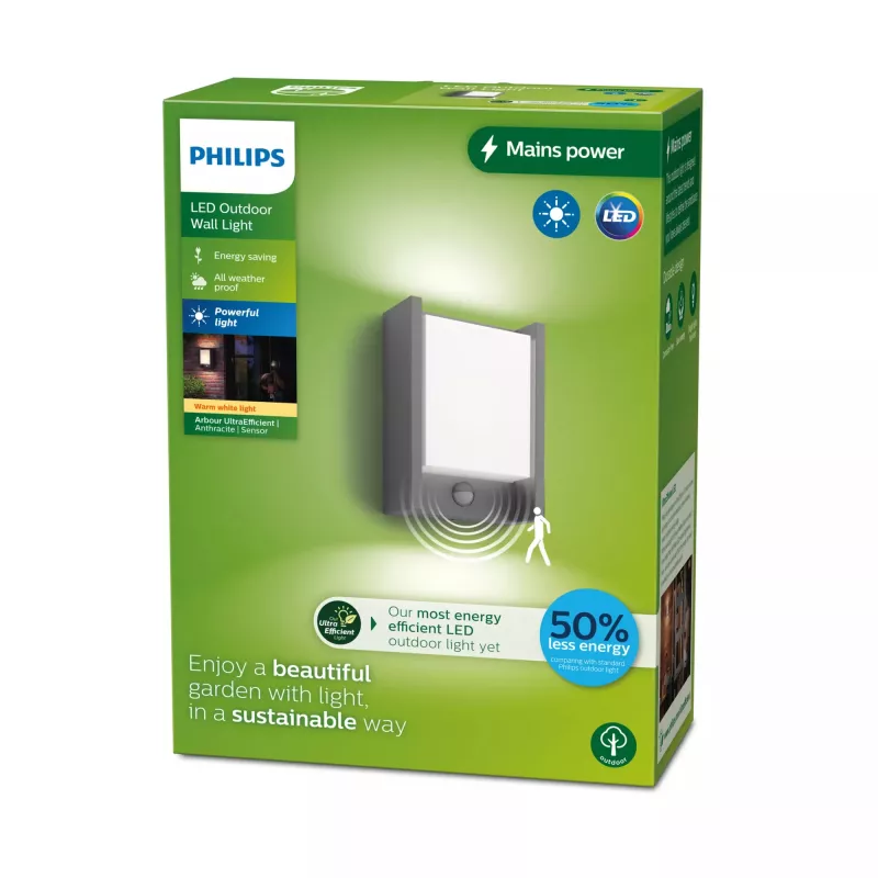 Lámpara de pared Philips Arbour 3,8W, aplique de exterior, antracita, metal, IP44, terraza, jardín, II