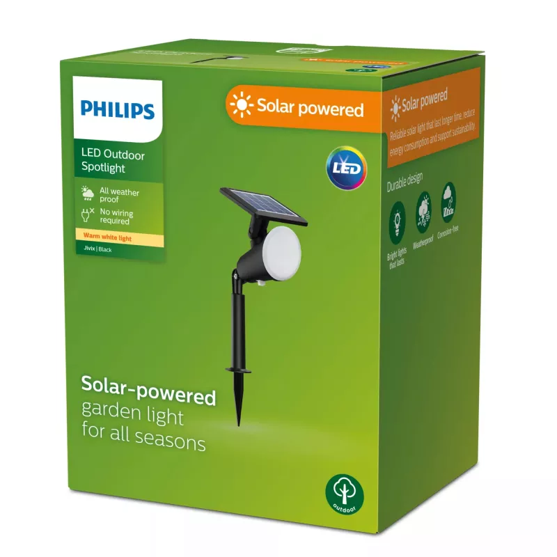 Focos de suelo/estaca Philips Jivix 1,4 W, lámpara de pie/postal de exterior, negra, plástico, IP44, terraza, jardín, III
