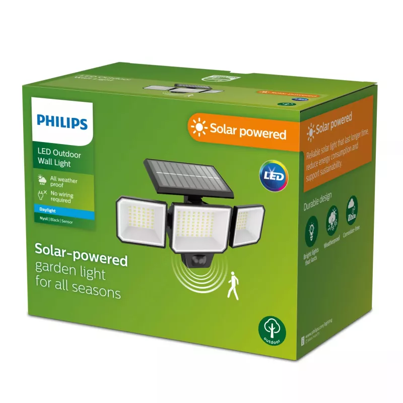Luz de seguridad Philips Securit 8,7 W LED solar 5000 K, batería de 4 V, carcasa de plástico negra